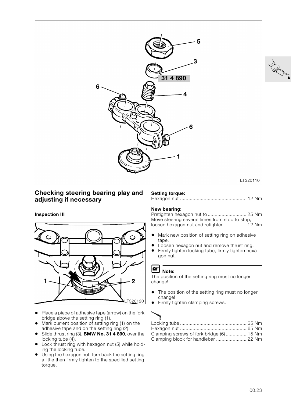 Checking steering bearing play and adjusting if ne, Inspection iii | BMW K 1100 LT/RS User Manual | Page 31 / 364