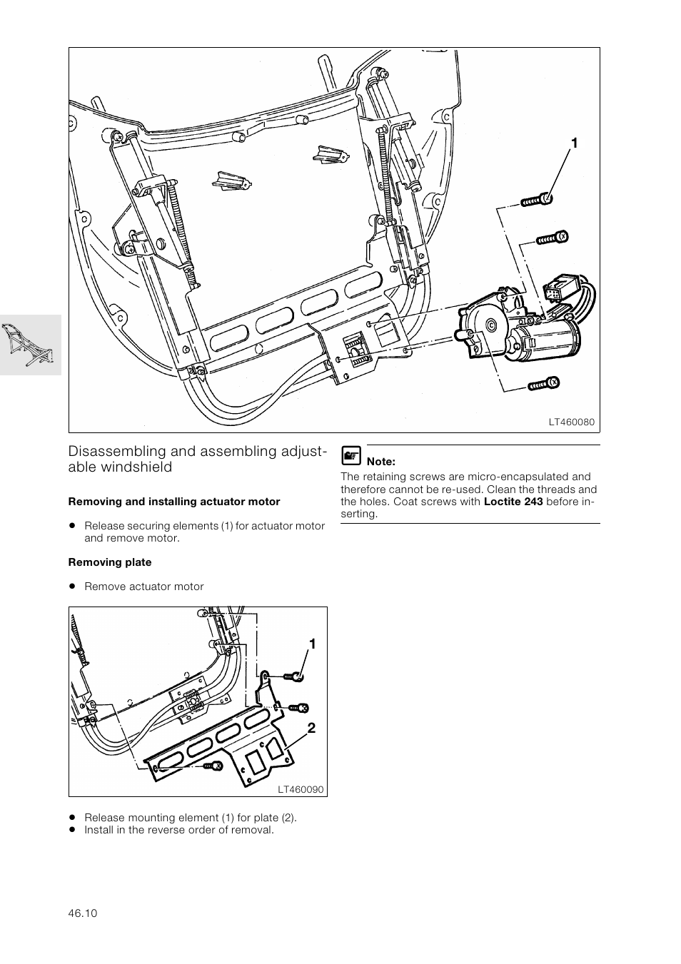 Disassembling and assembling adjustable windshield, Removing and installing actuator motor, Removing plate | BMW K 1100 LT/RS User Manual | Page 312 / 364