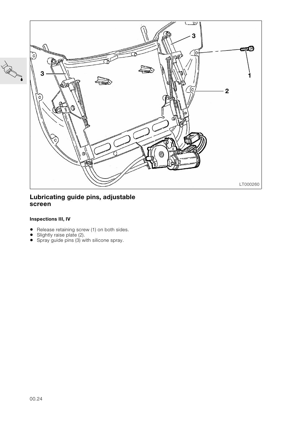 Lubricating guide pins, adjustable screen, Inspections iii, iv | BMW K 1100 LT/RS User Manual | Page 32 / 364