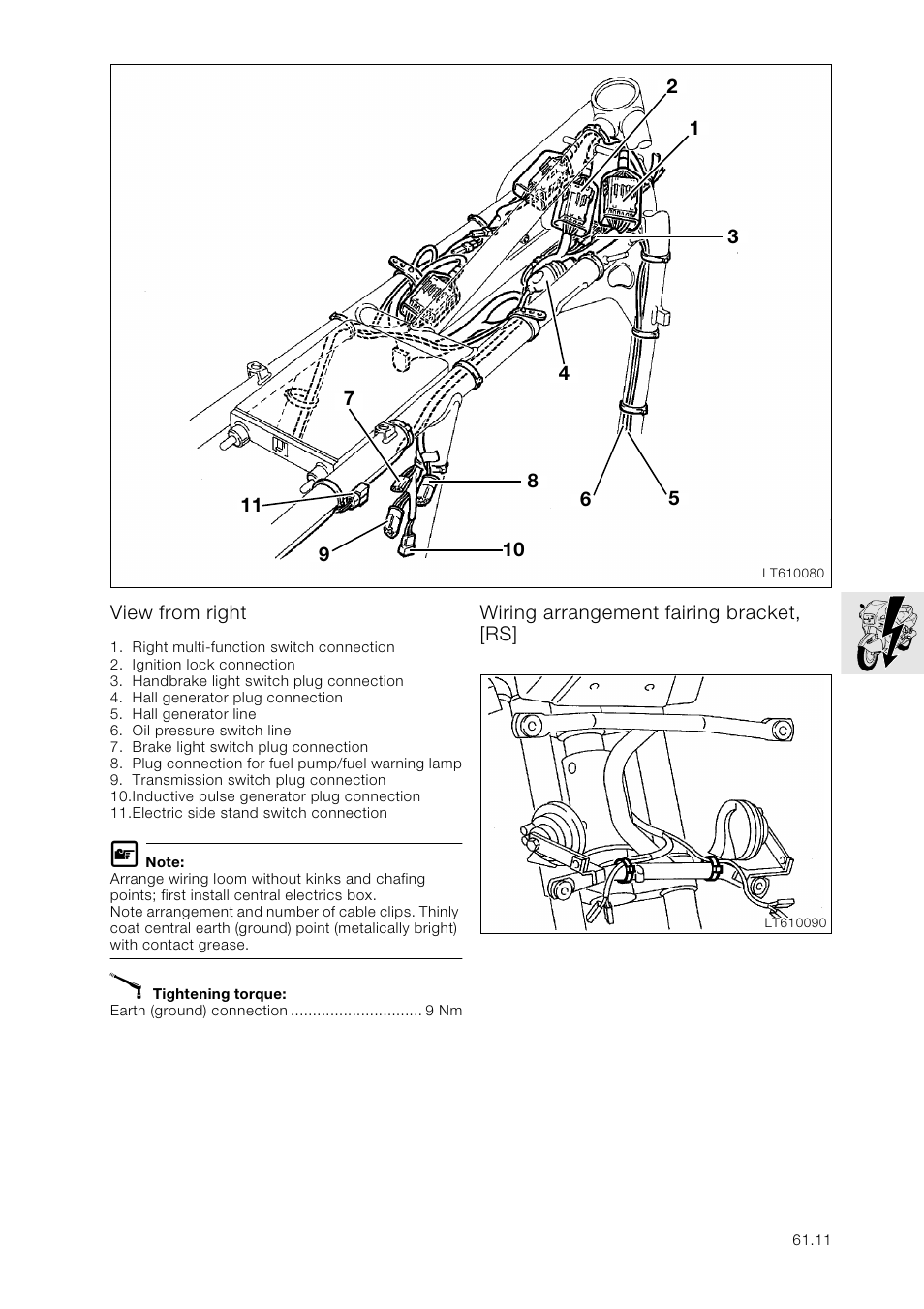 View from right, Wiring arrangement fairing bracket, [rs | BMW K 1100 LT/RS User Manual | Page 347 / 364