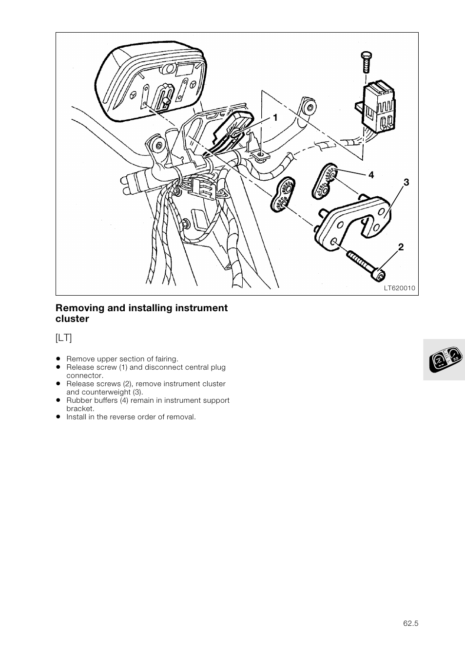 Removing and installing instrument cluster | BMW K 1100 LT/RS User Manual | Page 353 / 364