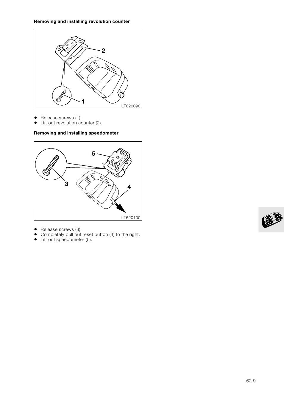 Removing and installing revolution counter, Removing and installing speedometer | BMW K 1100 LT/RS User Manual | Page 357 / 364