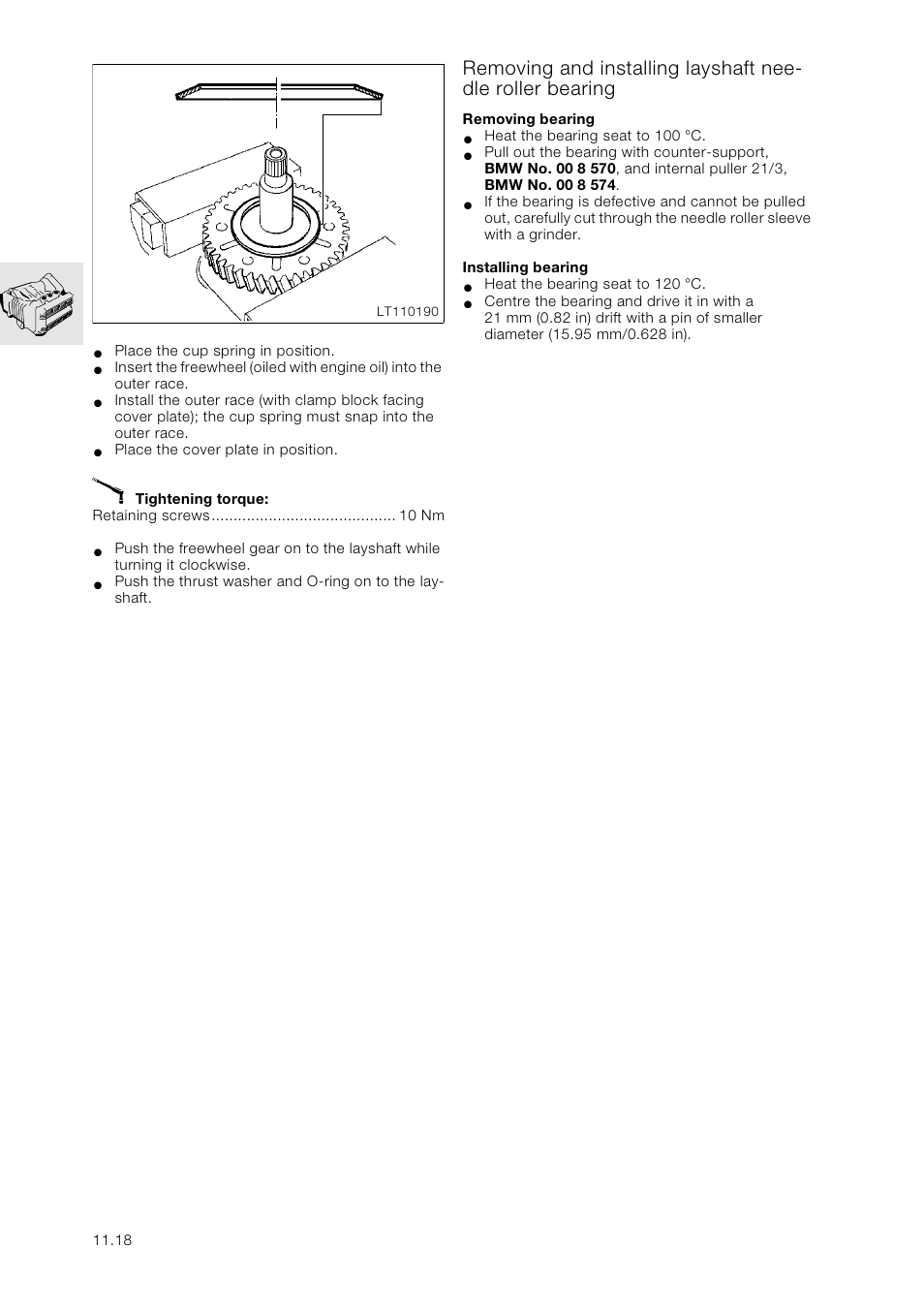 Removing and installing layshaft needle roller bea, Removing bearing, Installing bearing | BMW K 1100 LT/RS User Manual | Page 52 / 364