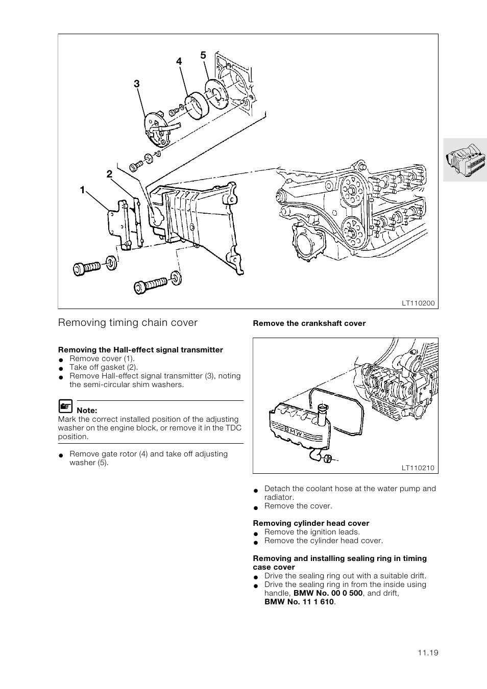 Removing timing chain cover, Removing the hall-effect signal transmitter, Remove the crankshaft cover | Removing cylinder head cover, Removing and installing sealing ring in timing cas | BMW K 1100 LT/RS User Manual | Page 53 / 364