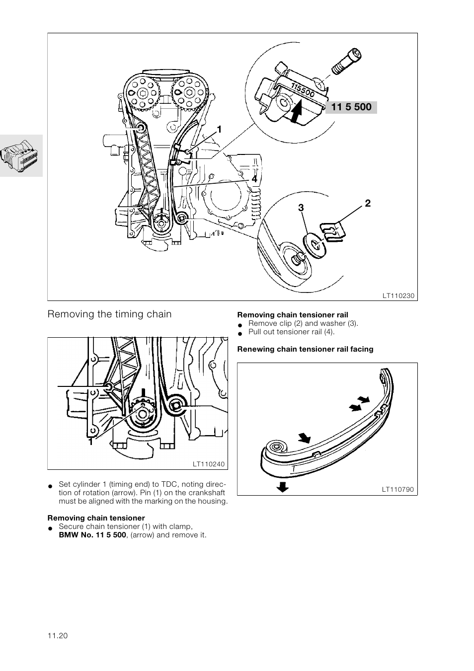 Removing the timing chain, Removing chain tensioner, Removing chain tensioner rail | Renewing chain tensioner rail facing | BMW K 1100 LT/RS User Manual | Page 54 / 364