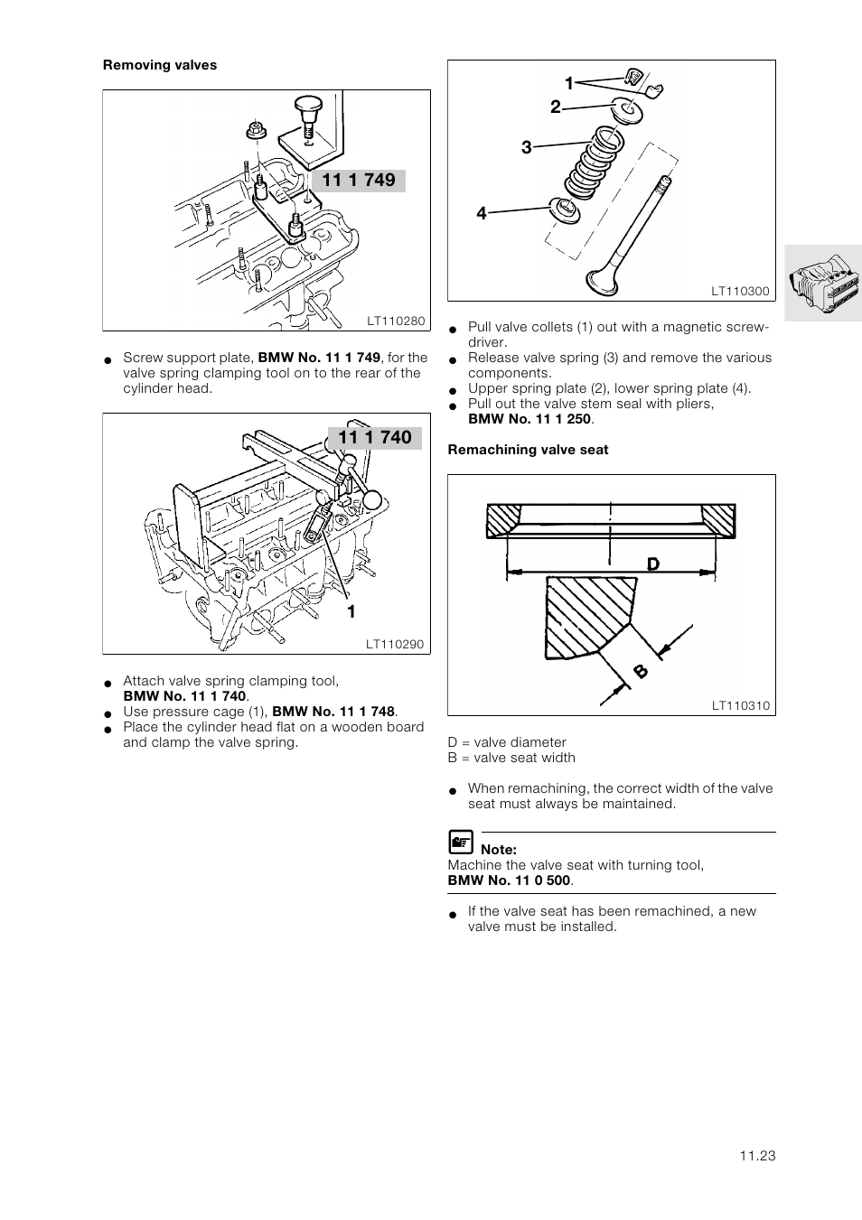 Removing valves, Remachining valve seat | BMW K 1100 LT/RS User Manual | Page 57 / 364