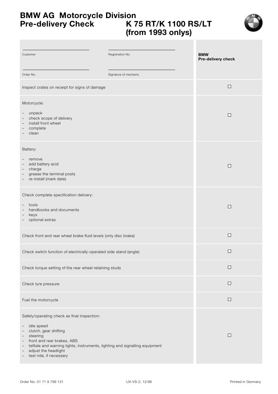 Pre-delivery check k 75 rt/k1100rs/lt | BMW K 1100 LT/RS User Manual | Page 6 / 364