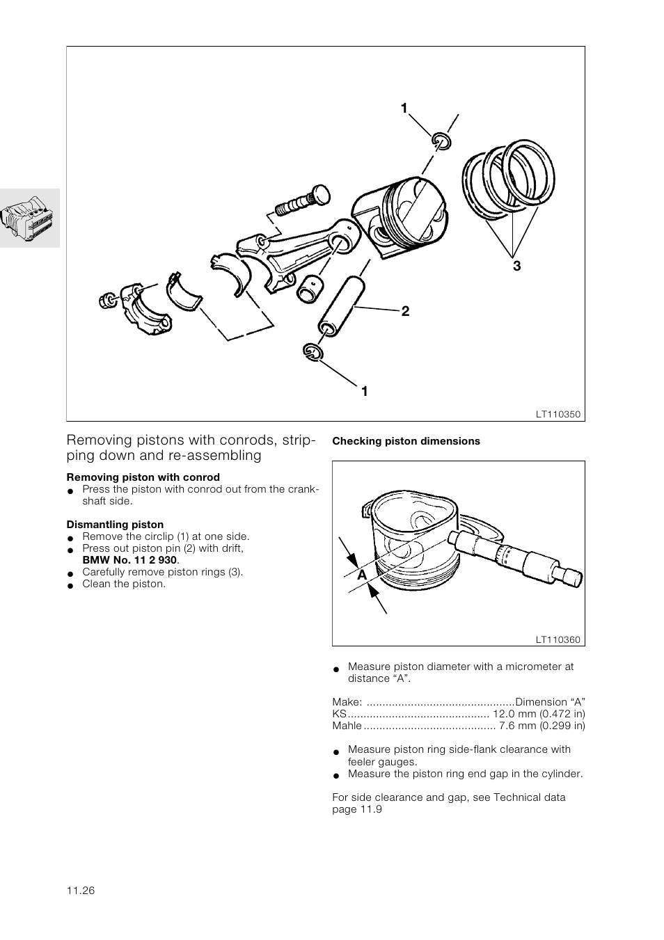 Removing pistons with conrods, stripping down and, Removing piston with conrod, Dismantling piston | Checking piston dimensions | BMW K 1100 LT/RS User Manual | Page 60 / 364