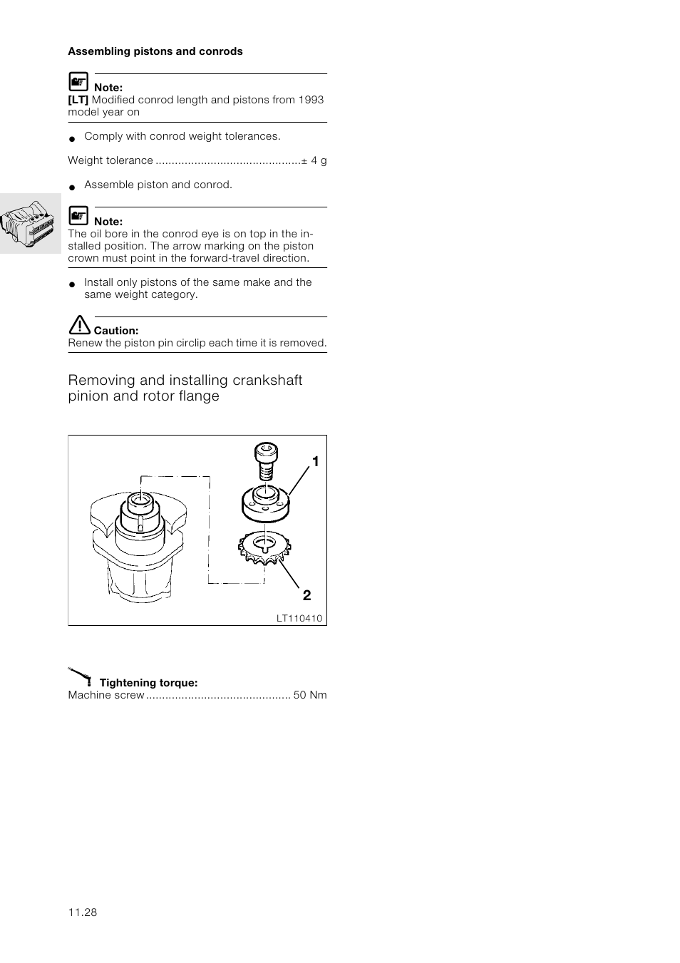 Assembling pistons and conrods, Removing and installing crankshaft pinion and roto | BMW K 1100 LT/RS User Manual | Page 62 / 364