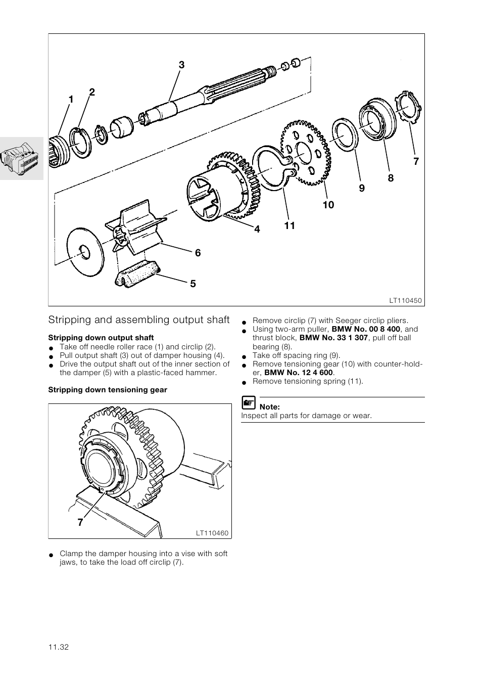 Stripping and assembling output shaft, Stripping down output shaft, Stripping down tensioning gear | BMW K 1100 LT/RS User Manual | Page 66 / 364