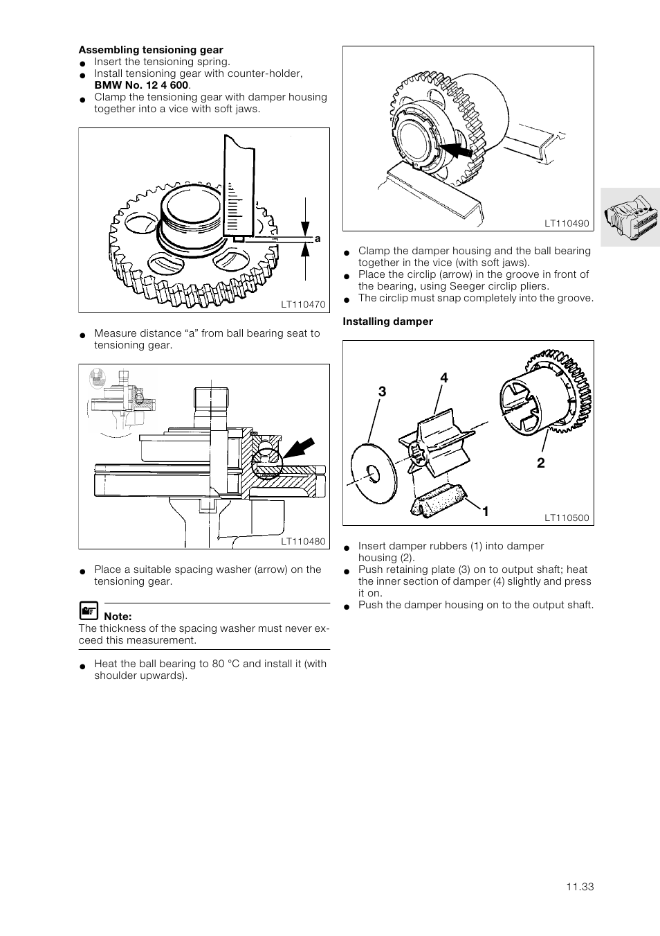 Assembling tensioning gear, Installing damper | BMW K 1100 LT/RS User Manual | Page 67 / 364