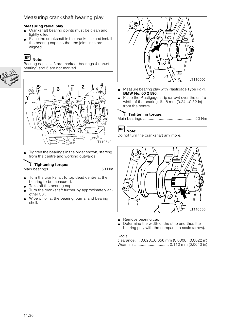 Measuring crankshaft bearing play, Measuring radial play | BMW K 1100 LT/RS User Manual | Page 70 / 364