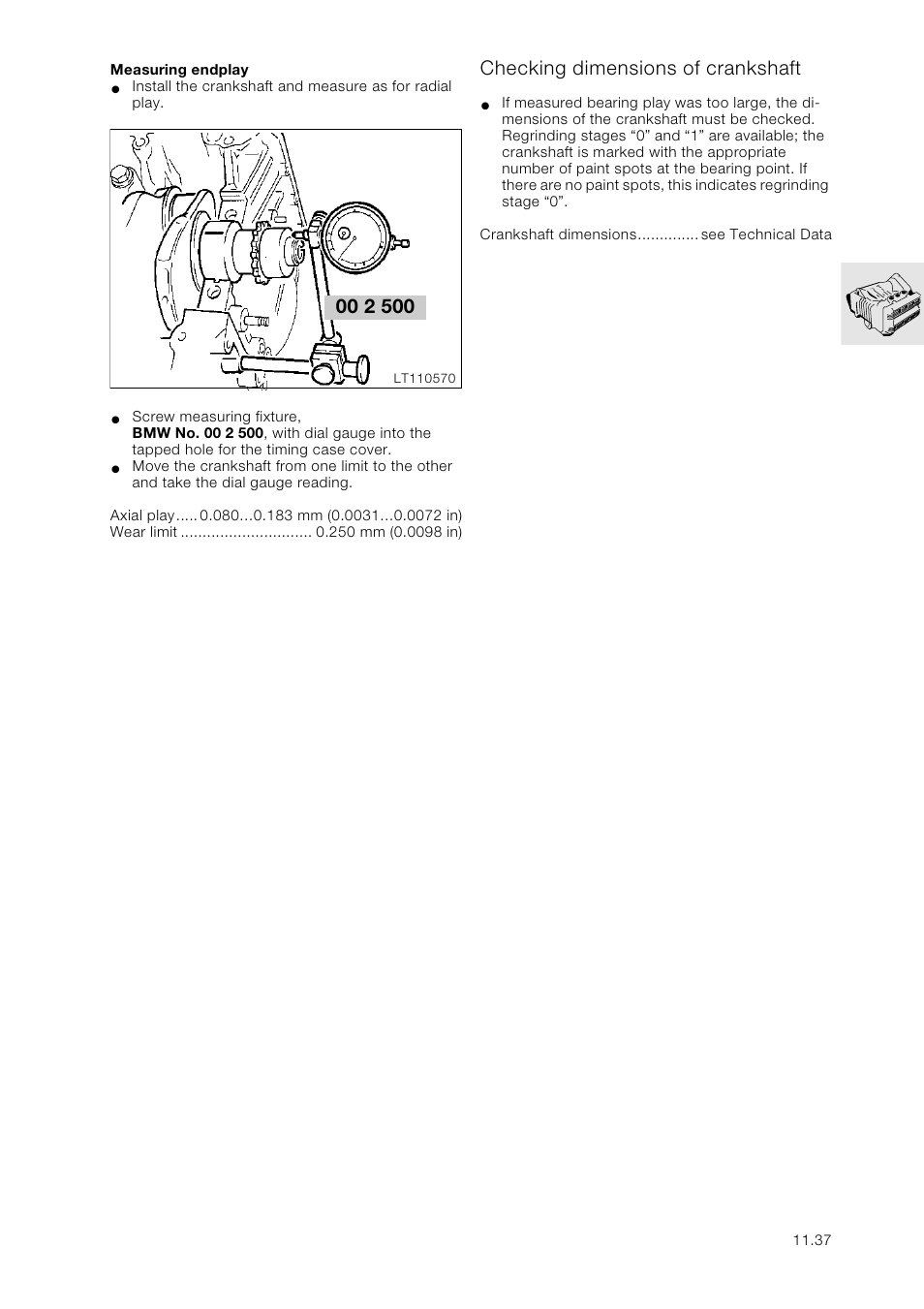 Measuring endplay, Checking dimensions of crankshaft | BMW K 1100 LT/RS User Manual | Page 71 / 364