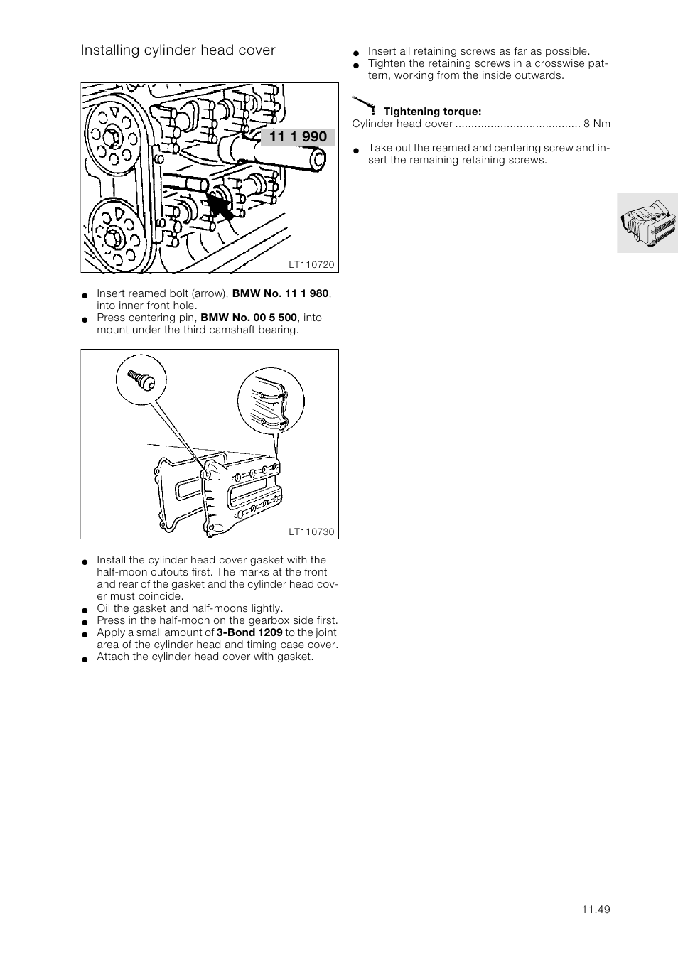 Installing cylinder head cover | BMW K 1100 LT/RS User Manual | Page 83 / 364