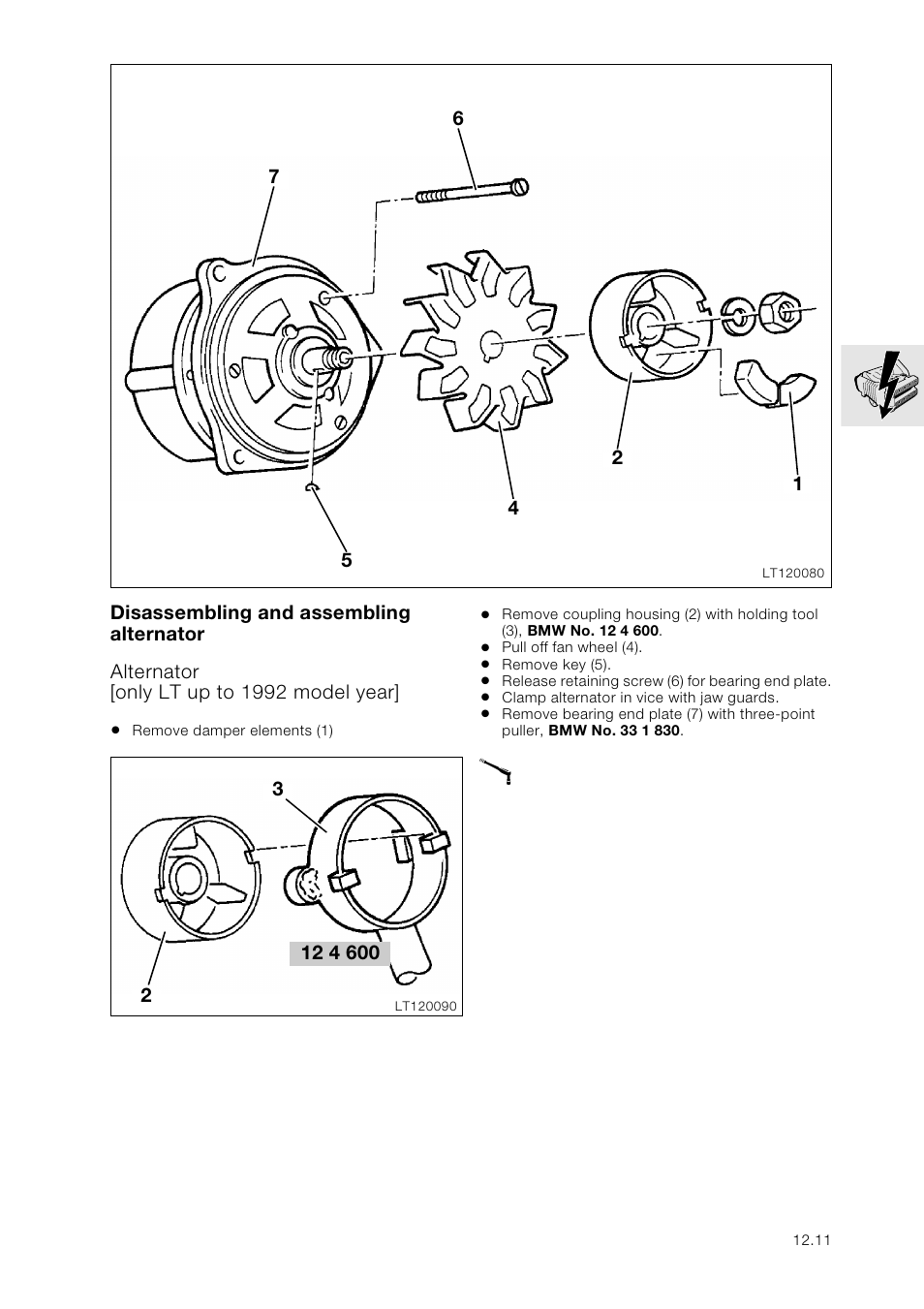 Disassembling and assembling alternator, Alternator [only lt up to 1992 model year | BMW K 1100 LT/RS User Manual | Page 97 / 364