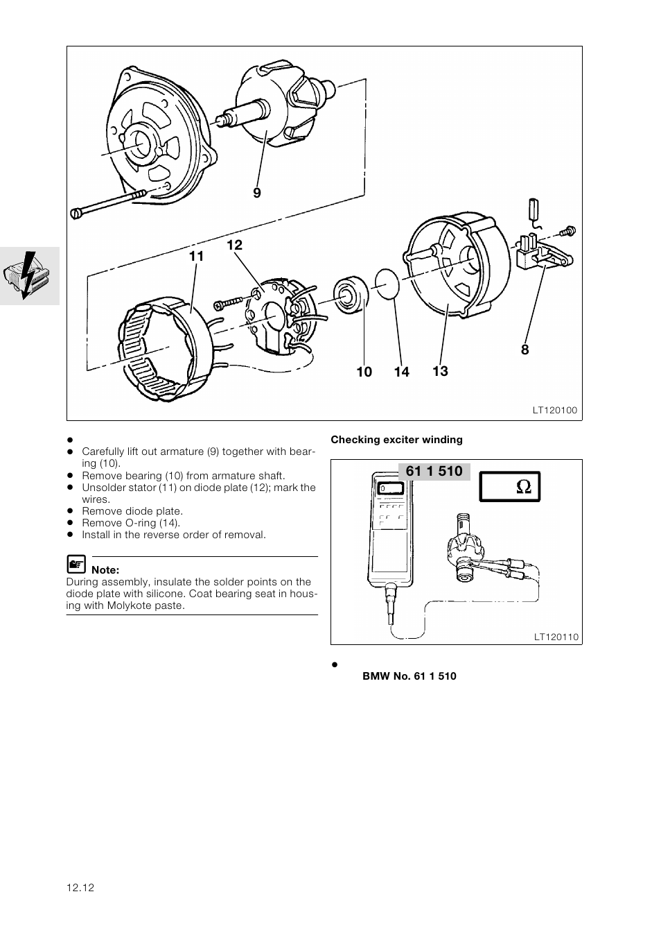 Checking exciter winding | BMW K 1100 LT/RS User Manual | Page 98 / 364