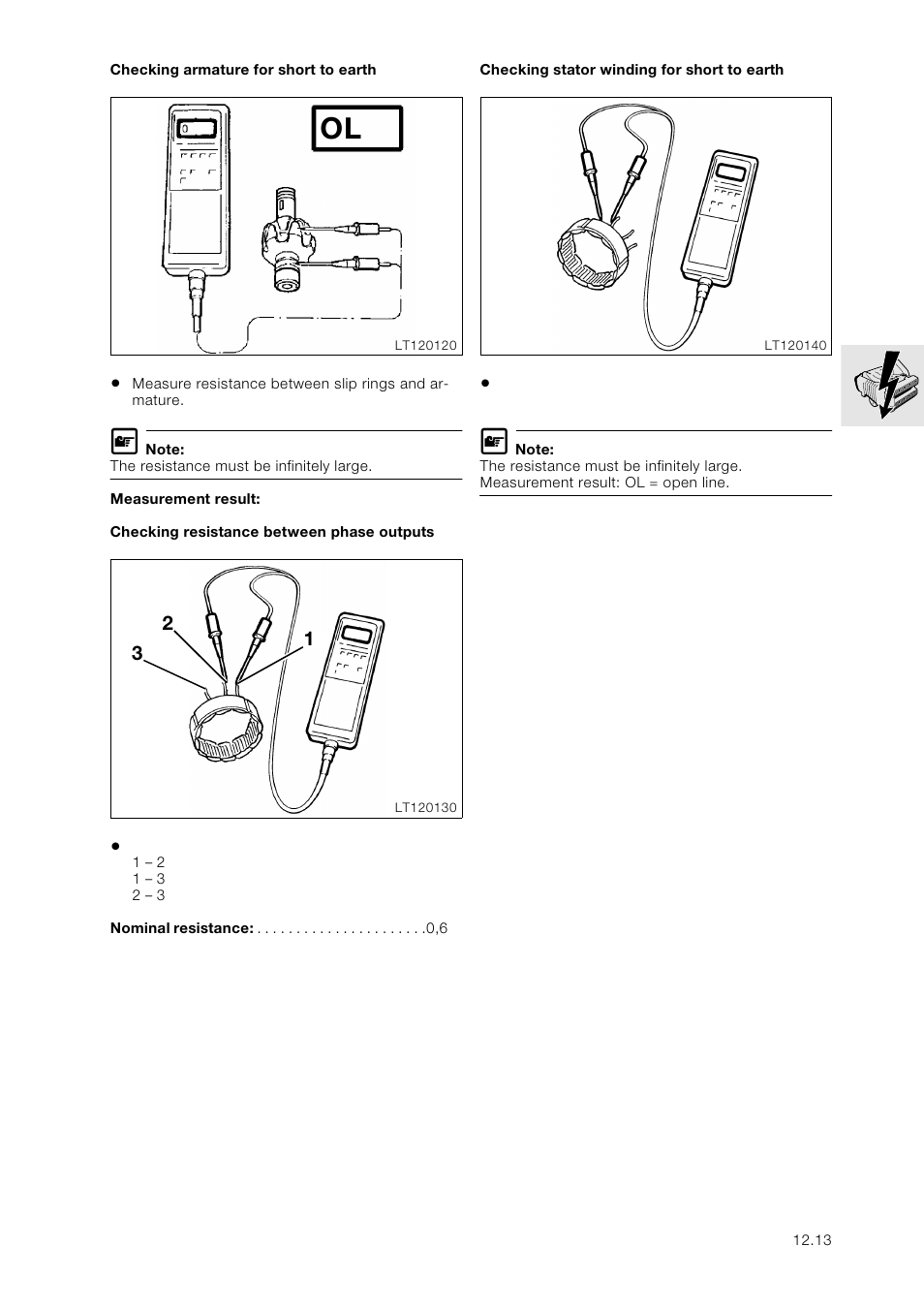 Checking armature for short to earth, Checking resistance between phase outputs, Checking stator winding for short to earth | BMW K 1100 LT/RS User Manual | Page 99 / 364