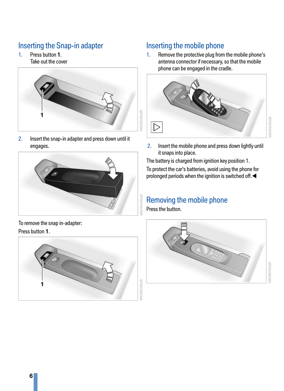 Inserting the snap-in adapter, Inserting the mobile phone, Removing the mobile phone | BMW CPT 9000 User Manual | Page 10 / 24