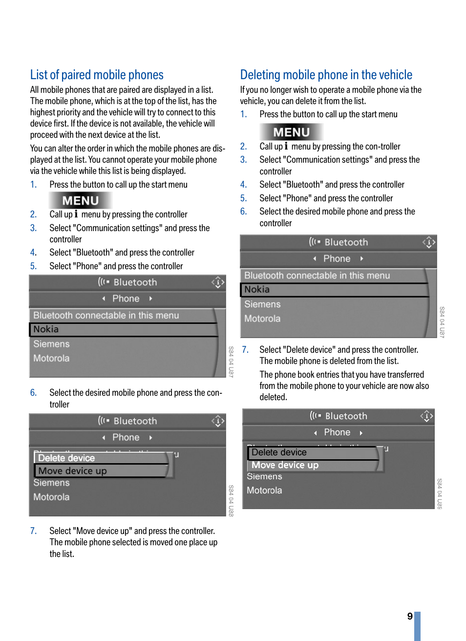 List of paired mobile phones, Deleting mobile phone in the vehicle | BMW CPT 9000 User Manual | Page 13 / 24