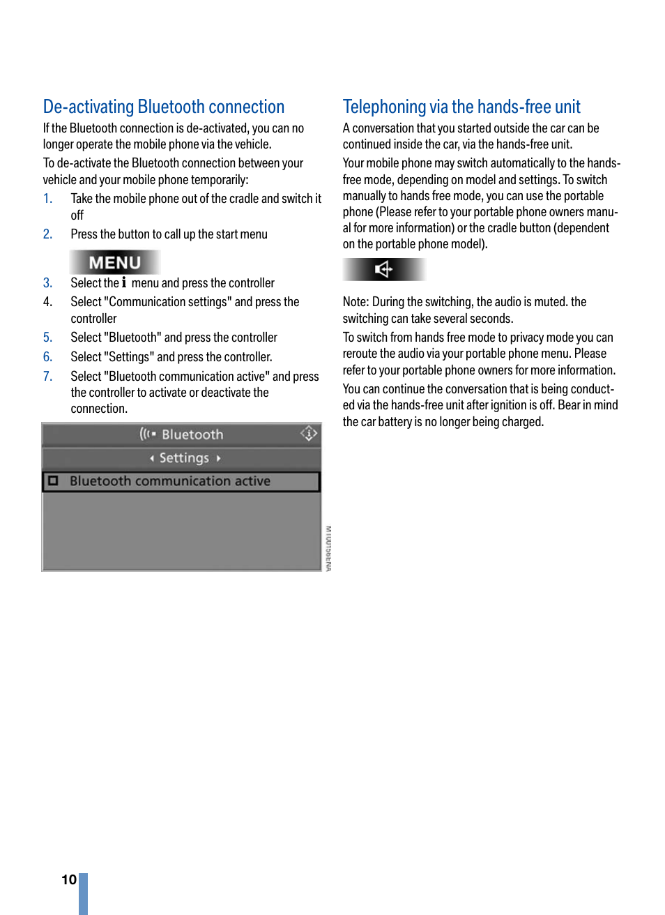 De-activating bluetooth connection, Telephoning via the hands-free unit | BMW CPT 9000 User Manual | Page 14 / 24