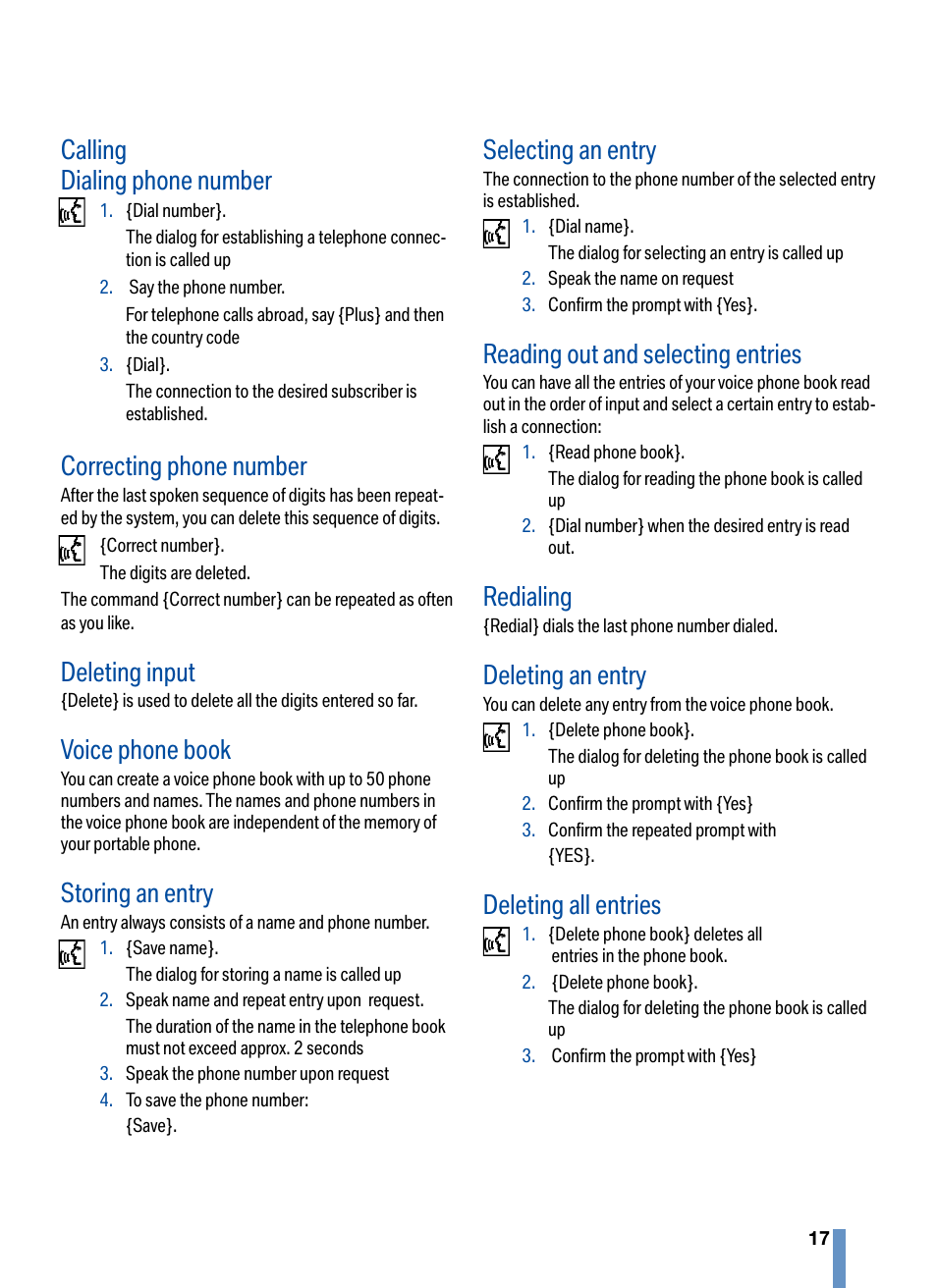 Calling dialing phone number, Correcting phone number, Deleting input | Voice phone book, Storing an entry, Selecting an entry, Reading out and selecting entries, Redialing, Deleting an entry, Deleting all entries | BMW CPT 9000 User Manual | Page 21 / 24