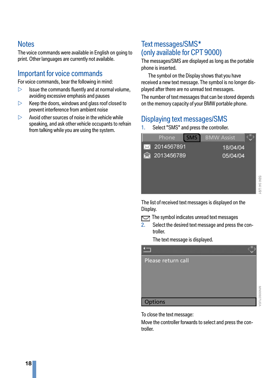 Important for voice commands, Text messages/sms* (only available for cpt 9000), Displaying text messages/sms | BMW CPT 9000 User Manual | Page 22 / 24