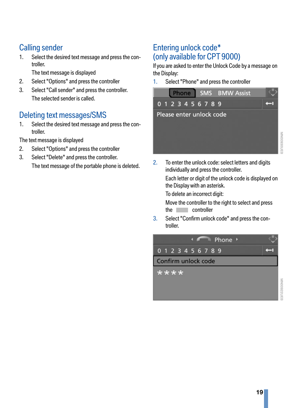 Calling sender, Deleting text messages/sms | BMW CPT 9000 User Manual | Page 23 / 24