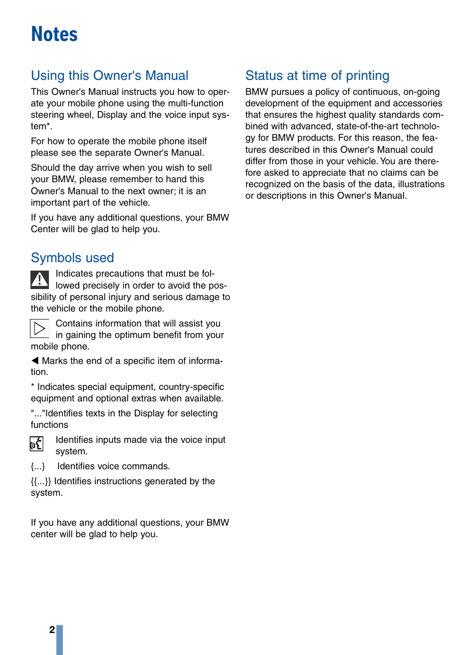 Using this owner's manual, Symbols used, Status at time of printing | BMW CPT 9000 User Manual | Page 6 / 24