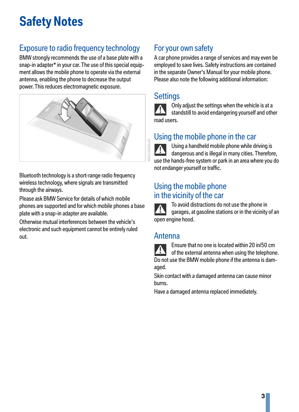 Exposure to radio frequency technology, For your own safety, Settings | Using the mobile phone in the car, Using the mobile phone in the vicinity of the car, Antenna | BMW CPT 9000 User Manual | Page 7 / 24