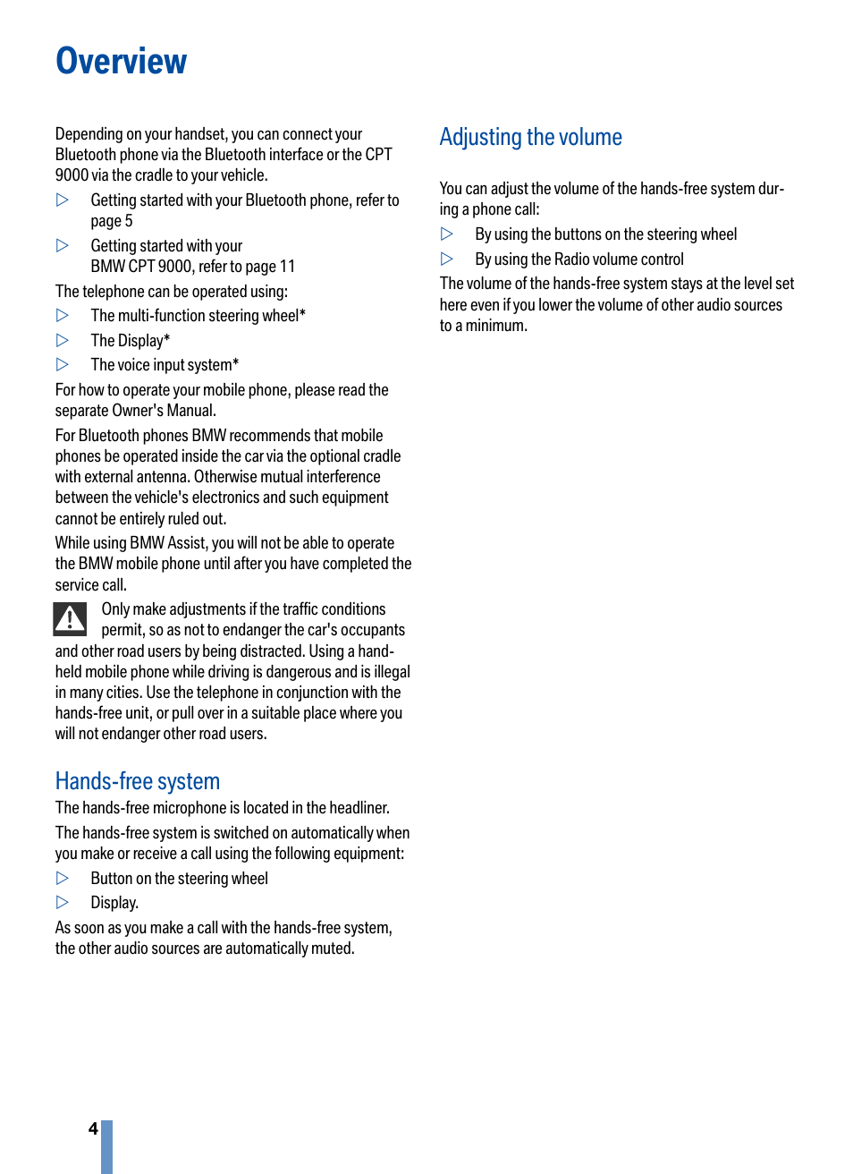 Overview, Hands-free system, Adjusting the volume | BMW CPT 9000 User Manual | Page 8 / 24