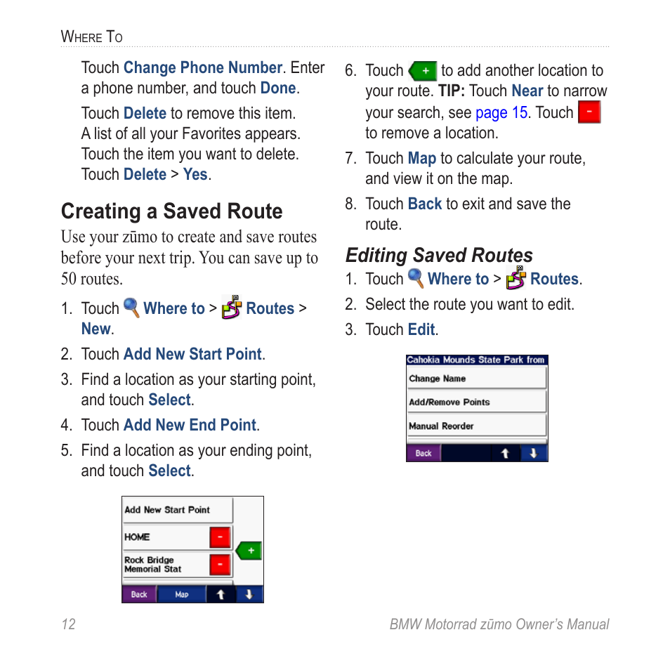 Creating a saved route, Editing saved routes | BMW zumo Motorrad zmo User Manual | Page 18 / 65