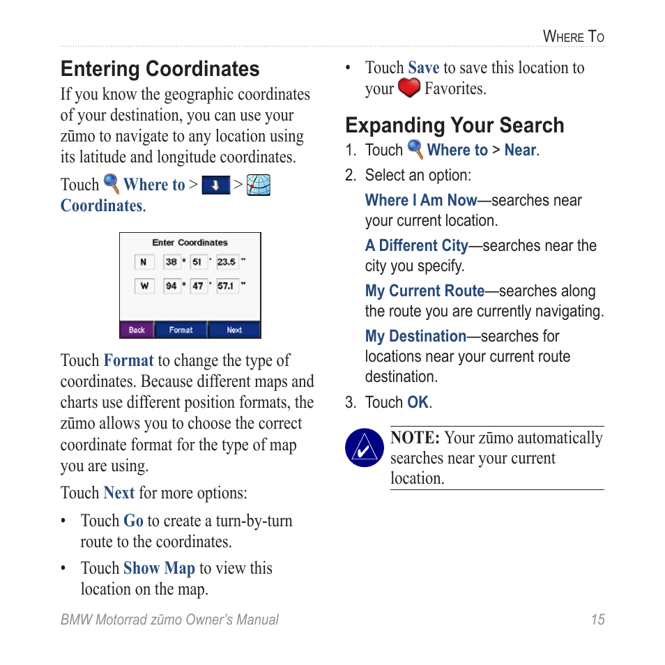 Entering coordinates, Expanding your search | BMW zumo Motorrad zmo User Manual | Page 21 / 65