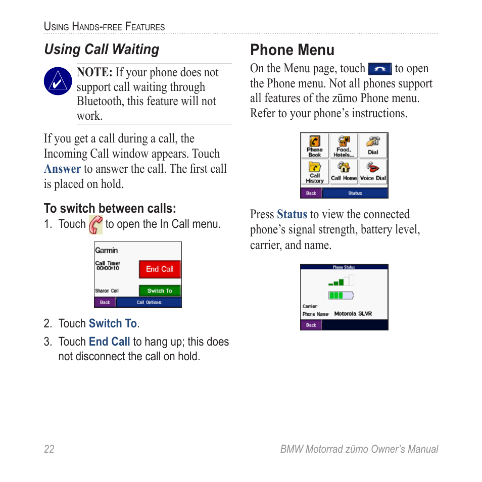 Phone menu, Using call waiting | BMW zumo Motorrad zmo User Manual | Page 28 / 65