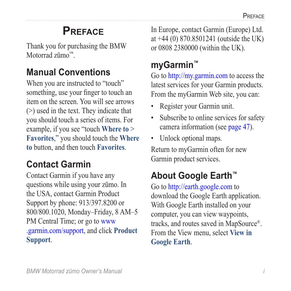 Preface, Manual conventions, Contact garmin | Mygarmin, About google earth | BMW zumo Motorrad zmo User Manual | Page 3 / 65