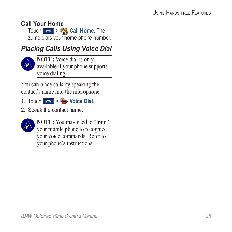 Placing calls using voice dial | BMW zumo Motorrad zmo User Manual | Page 31 / 65