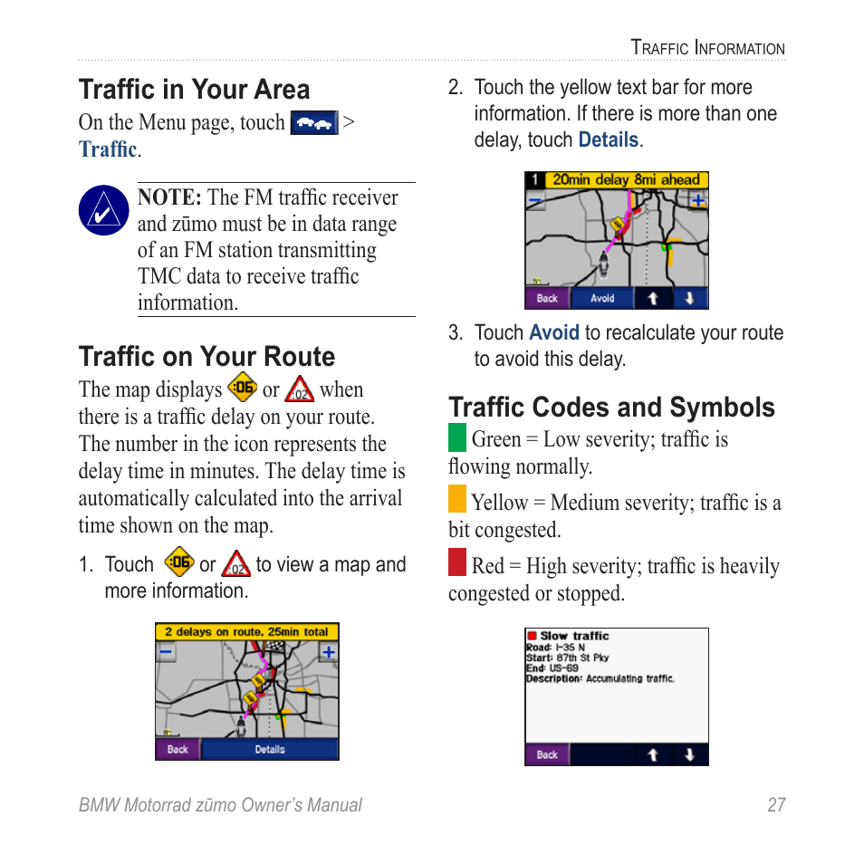 Traffic in your area, Traffic on your route, Traffic codes and symbols | BMW zumo Motorrad zmo User Manual | Page 33 / 65