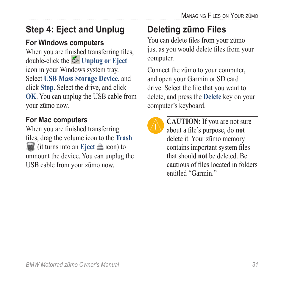 Deleting zūmo files, Step 4: eject and unplug | BMW zumo Motorrad zmo User Manual | Page 37 / 65