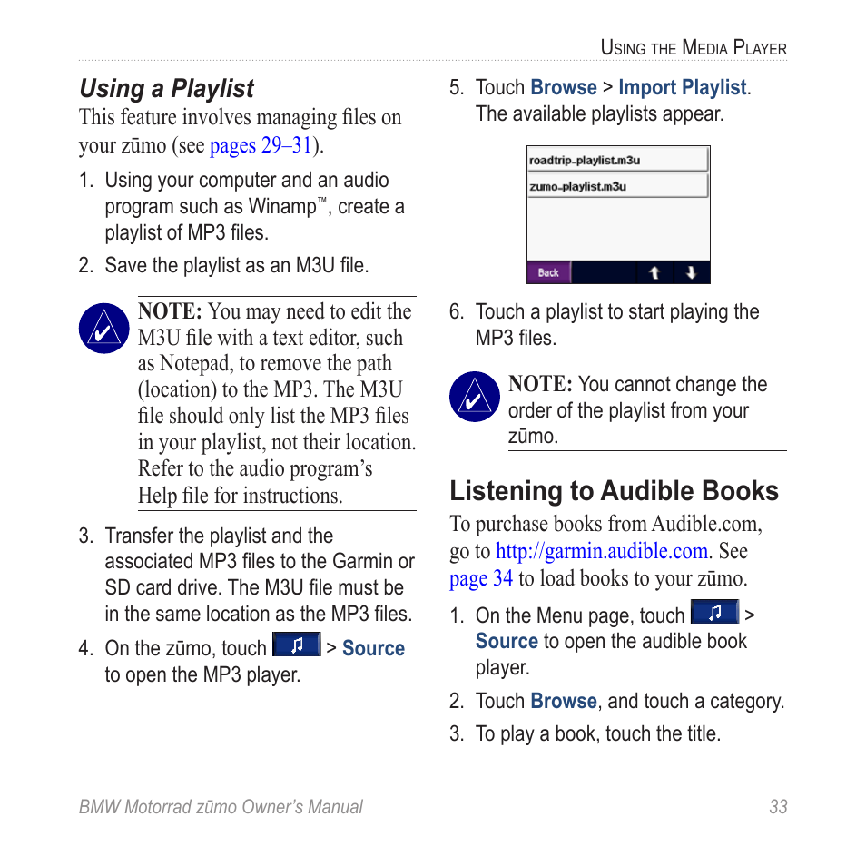 Listening to audible books, Using a playlist | BMW zumo Motorrad zmo User Manual | Page 39 / 65