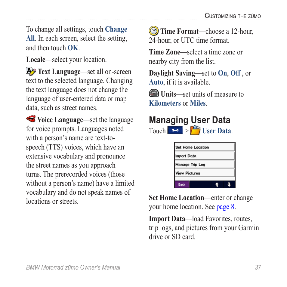 Managing user data | BMW zumo Motorrad zmo User Manual | Page 43 / 65