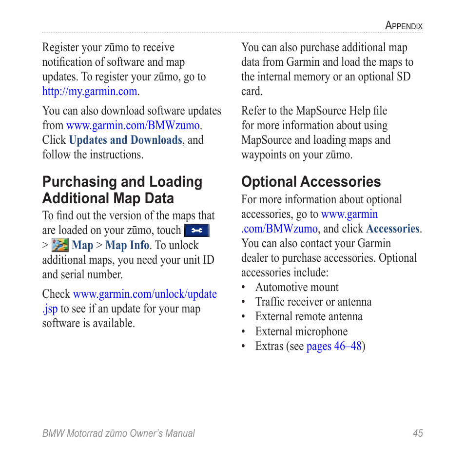 Purchasing and loading additional map data, Optional accessories, Purchasing and loading | Additional map data, Additional map data (see | BMW zumo Motorrad zmo User Manual | Page 51 / 65