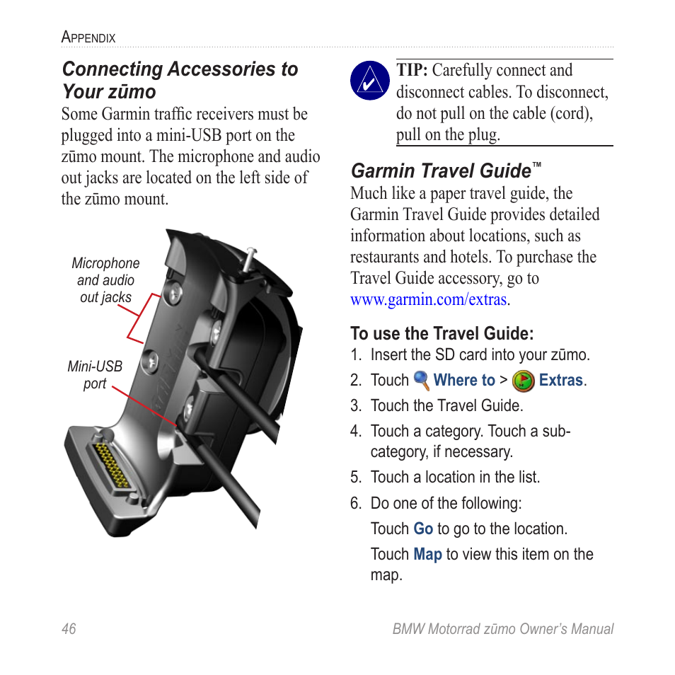 Connecting accessories to your zūmo, Garmin travel guide | BMW zumo Motorrad zmo User Manual | Page 52 / 65