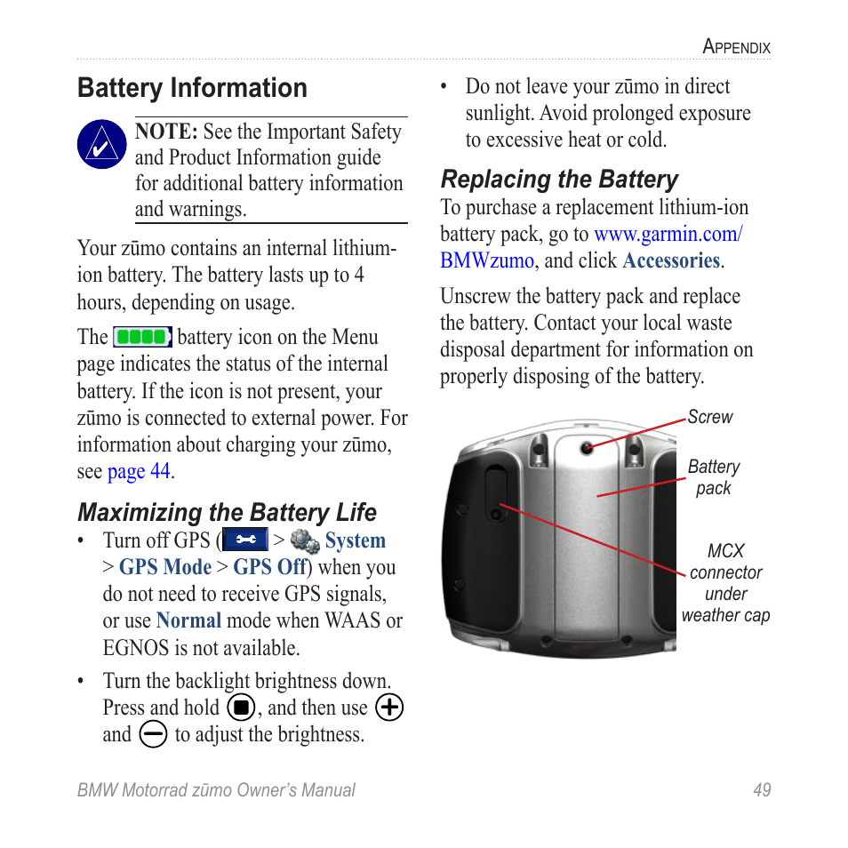 Battery information | BMW zumo Motorrad zmo User Manual | Page 55 / 65