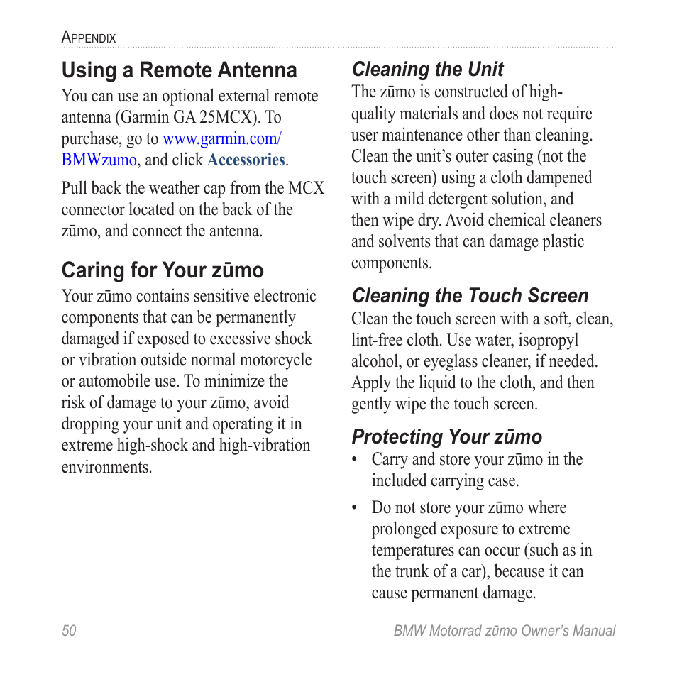 Using a remote antenna, Caring for your zūmo | BMW zumo Motorrad zmo User Manual | Page 56 / 65