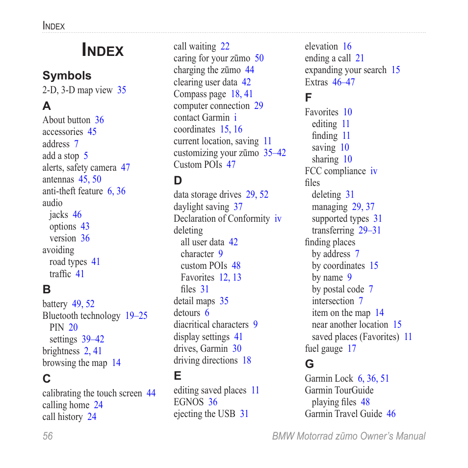 Index, Ndex | BMW zumo Motorrad zmo User Manual | Page 62 / 65