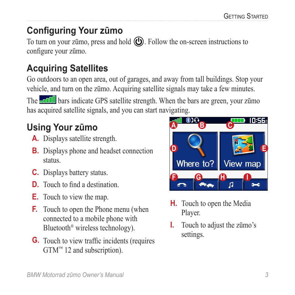 Configuring your zūmo, Acquiring satellites, Using your zūmo | BMW zumo Motorrad zmo User Manual | Page 9 / 65