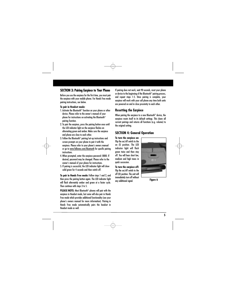 Resetting the earpiece | Body Glove Earglove BlueSport User Manual | Page 5 / 8