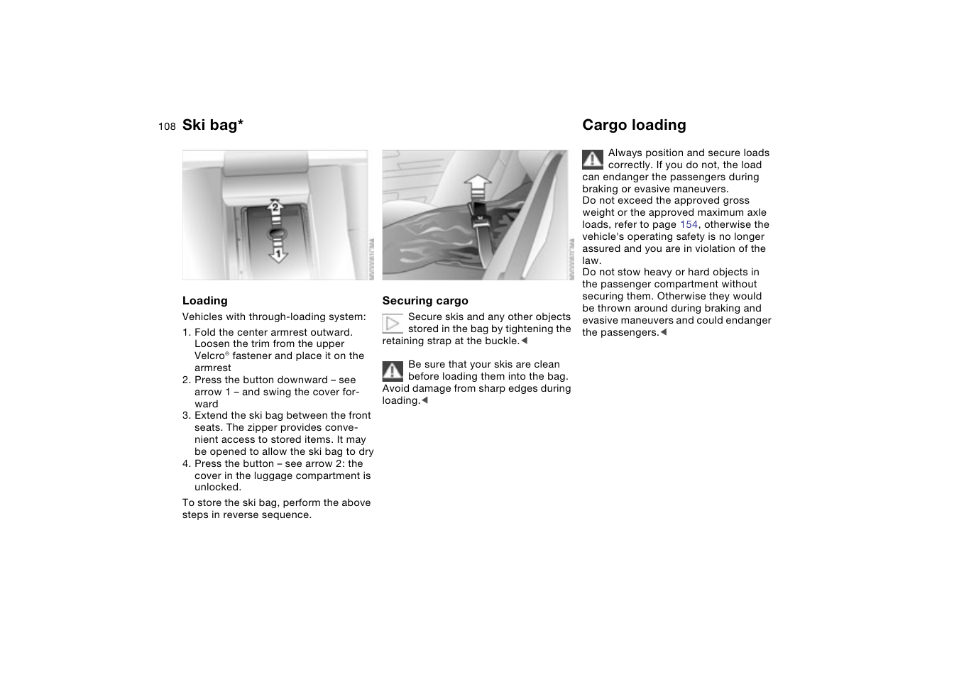 Cargo loading, Ski bag | BMW 330XI User Manual | Page 108 / 166