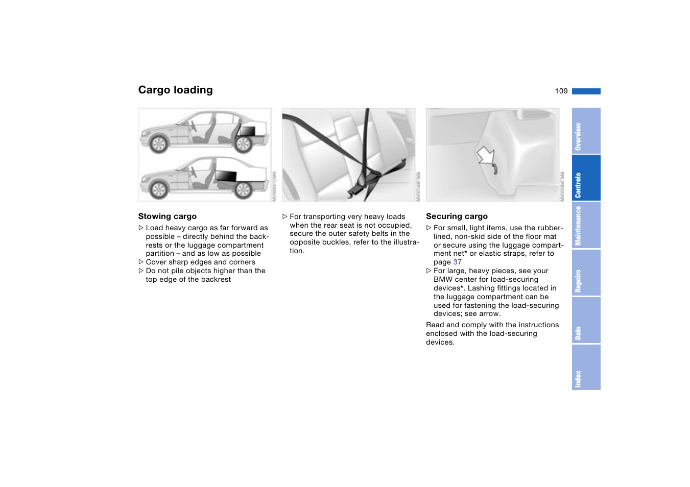 Cargo loading | BMW 330XI User Manual | Page 109 / 166