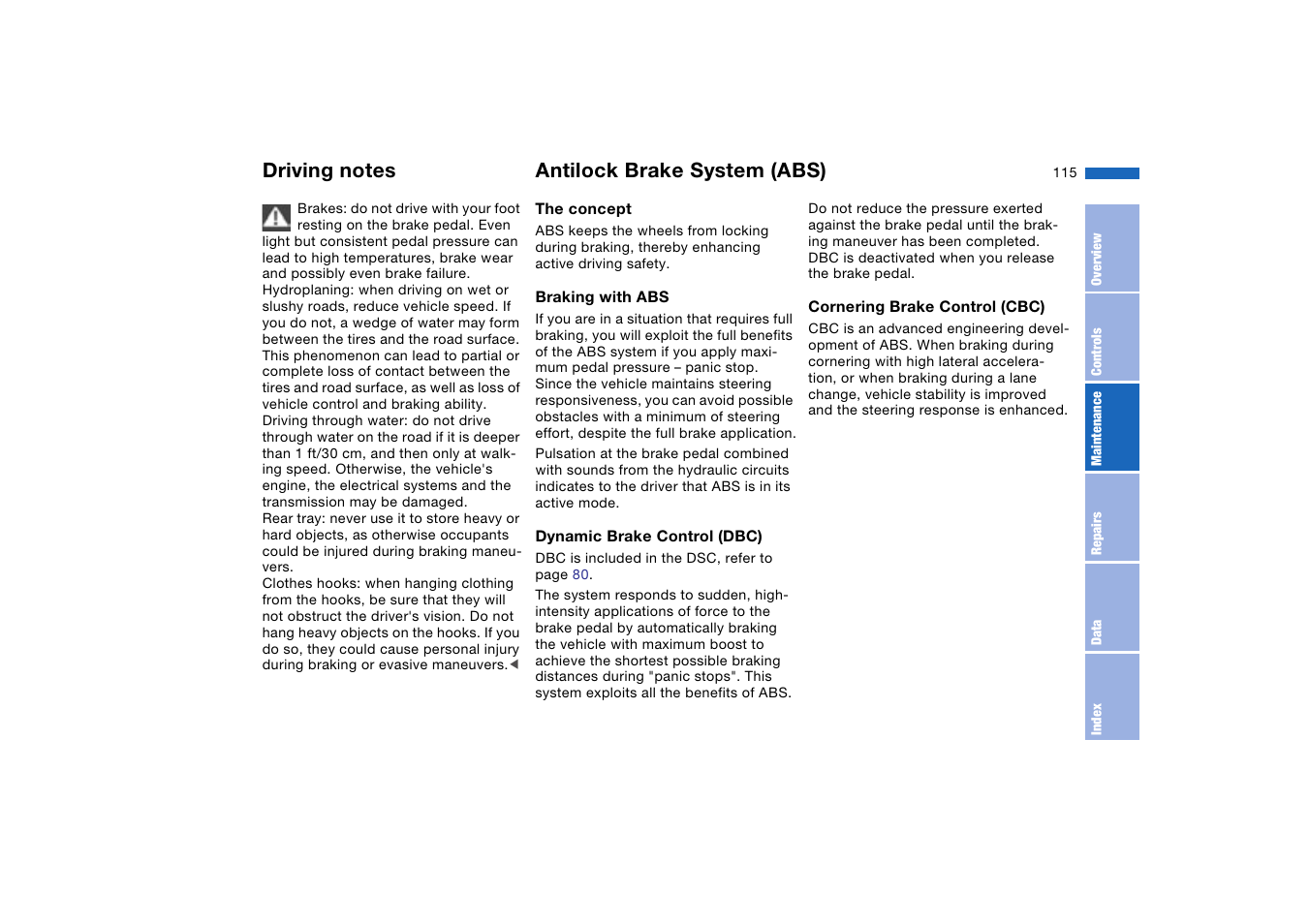 Driving notes, Antilock brake system (abs), Antilock brake system | Abs) | BMW 330XI User Manual | Page 115 / 166
