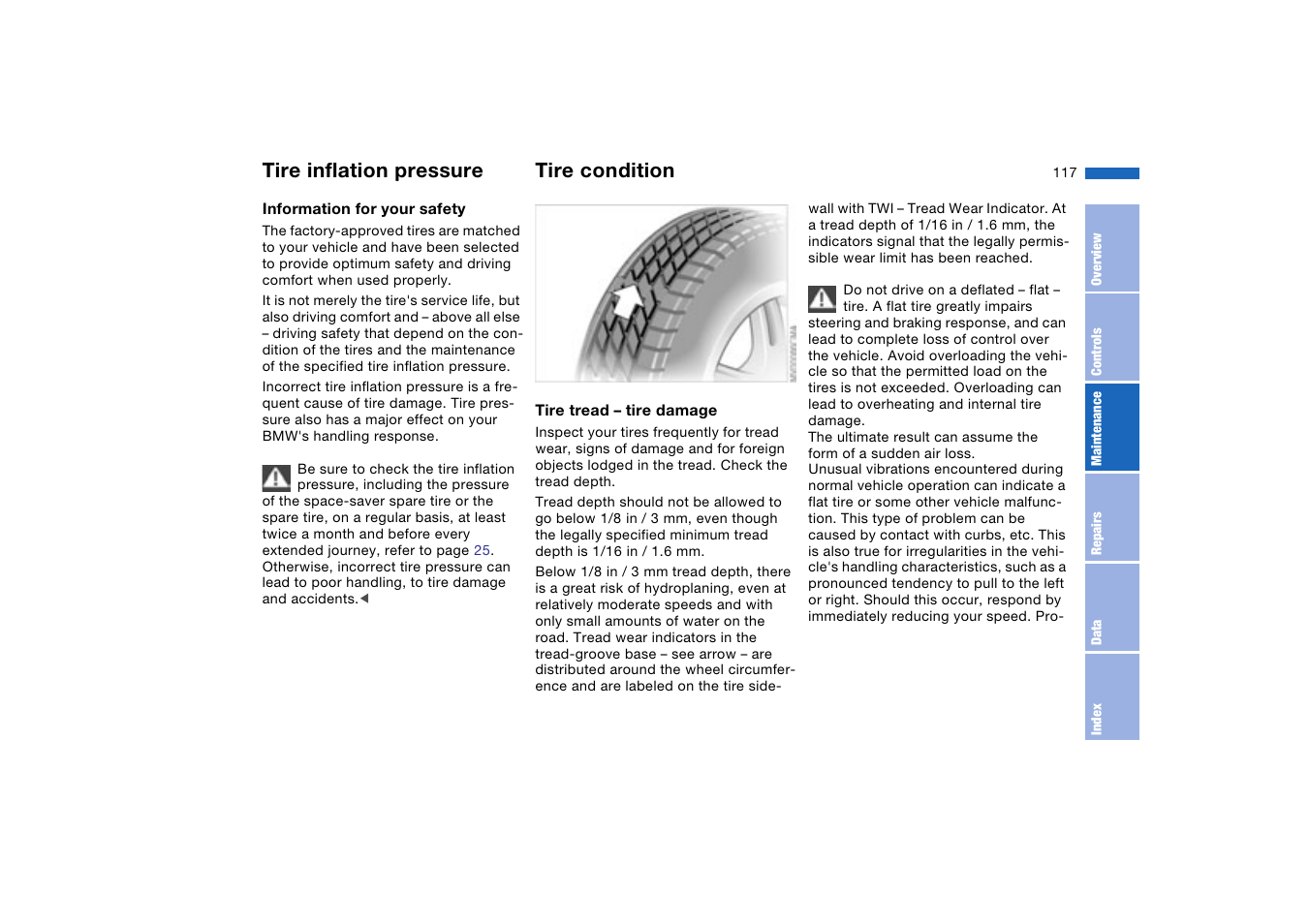 Wheels and tires, Tire inflation pressure, Tire condition | BMW 330XI User Manual | Page 117 / 166